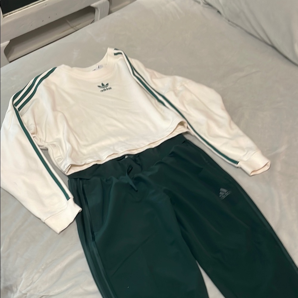 Adidas White and Green Cropped Sweatshirt with Green Pants